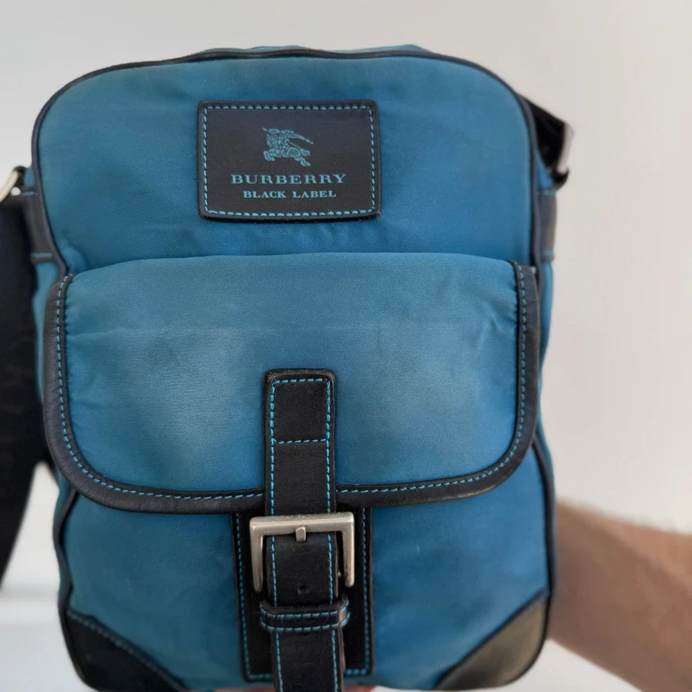 Rare Burberry Black Label Teal Nylon Leather Crossbody Messenger Bag Nova Check